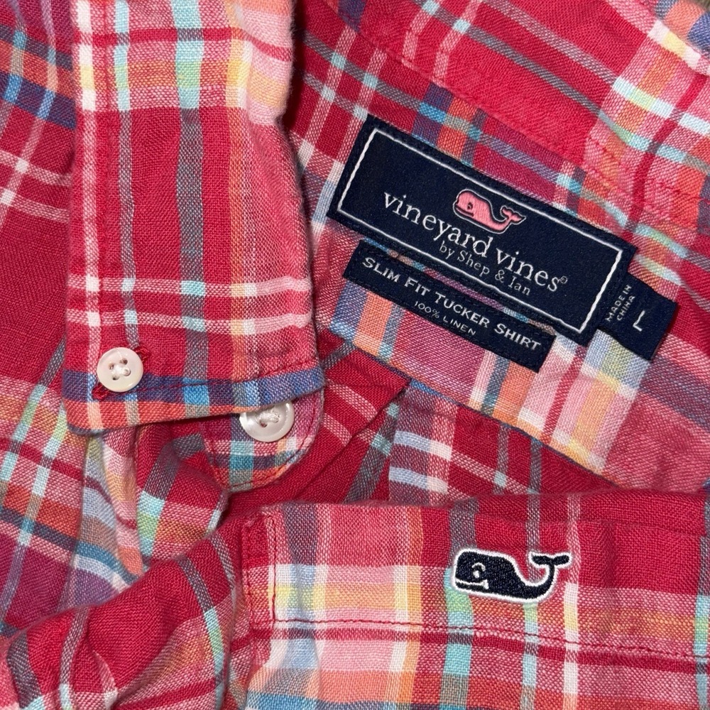 Vineyard Vines 100% Linen Short Sleeve Slim Fit Tucker Shirt Men's L Pink Plaid